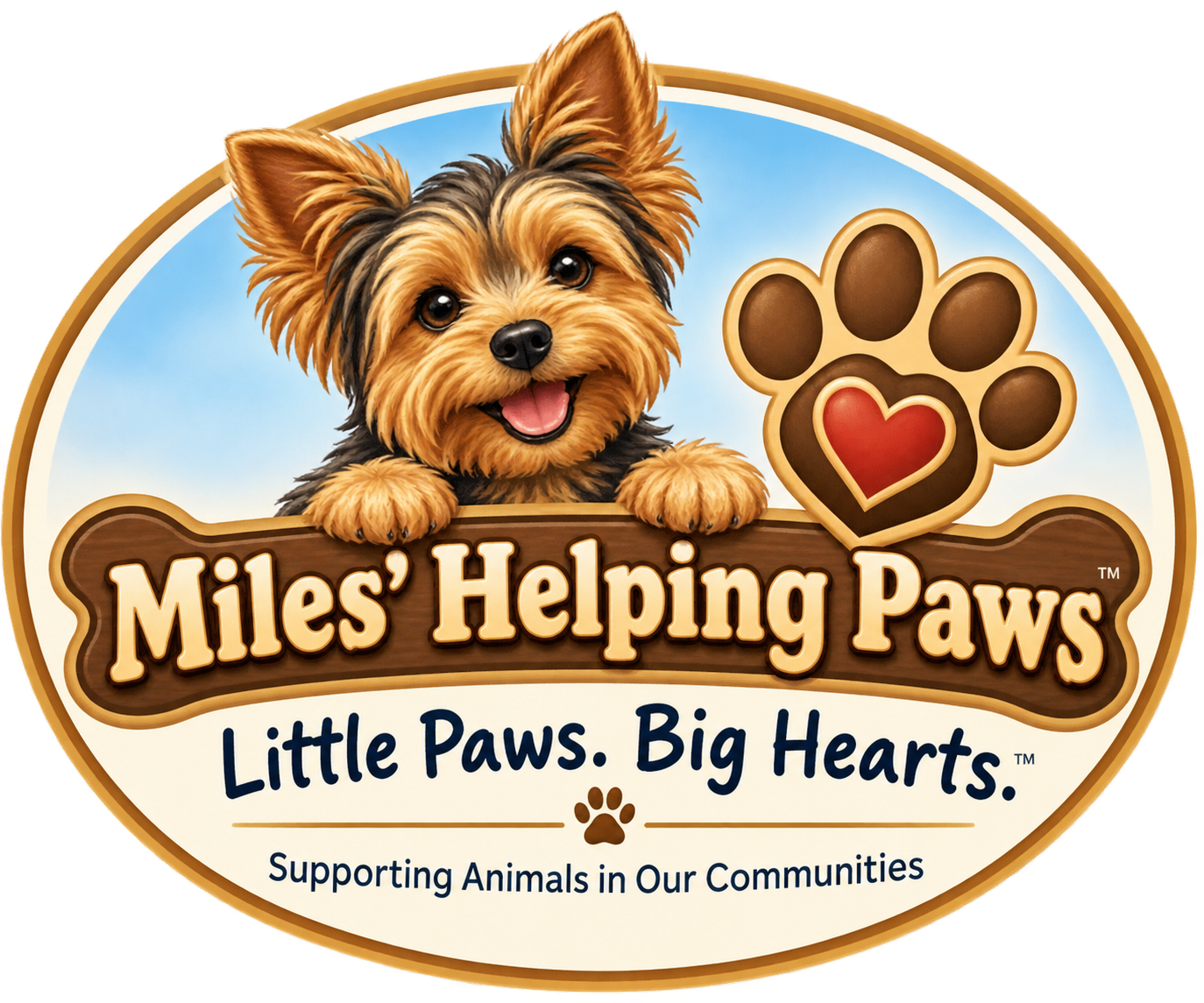 Miles’ Helping Paws badge with Miles the Yorkie and a heart-shaped paw design
